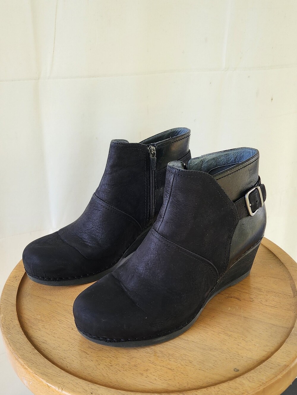 Dansko Shirley Black Wedge Ankle Booties with Side Zip and Buckle